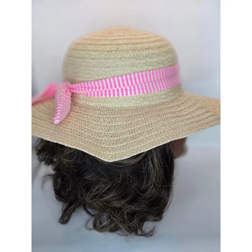 Girls Unbranded Straw Sun Hat with Pink Stripe Bow One Size